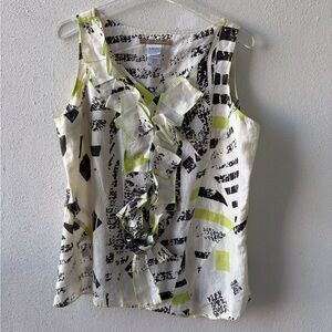 Alain Weiz Size‎ 16 Sleeveless Geometric Pattern Lagenlook Top Ruffle V Neck